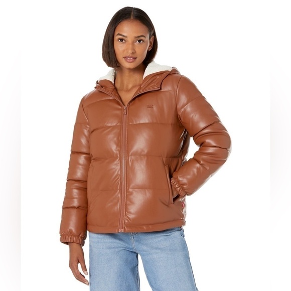 LEVI'S Faux Leather Puffer Jacket Sz XL Camel Brown - Picture 3 of 14
